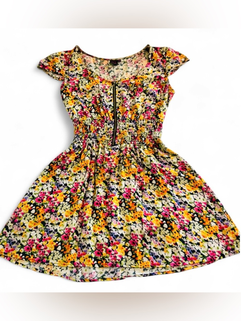 Material Girl Floral Mini Dress Smock Waist Zipper Front Cap Sleeve Multicolor M